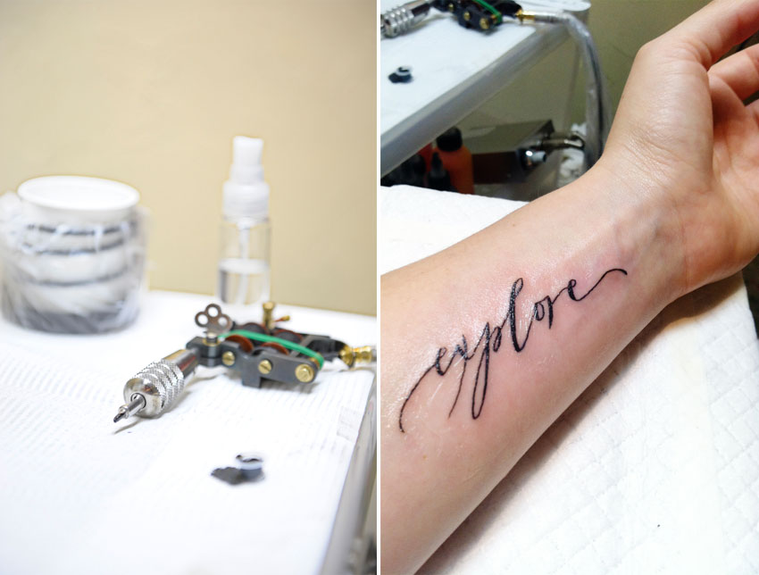 Hyperspace Tattoo, Osaka, Japan | Custom Calligraphy Tattoo "explore" 