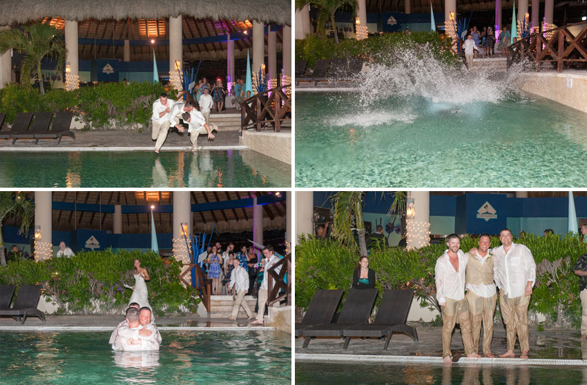 Caribbean Destination Wedding in Punta Cana, Dominican Republic at Larimar Resort. Photos by Mikkel Paige Photography. The groomsmen get playful and throw the groom in the pool!