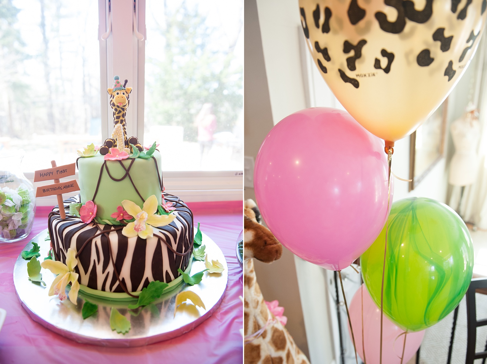 Jungle theme first birthday balloons and giraffe cake. Photos by Mikkel Paige Photography.