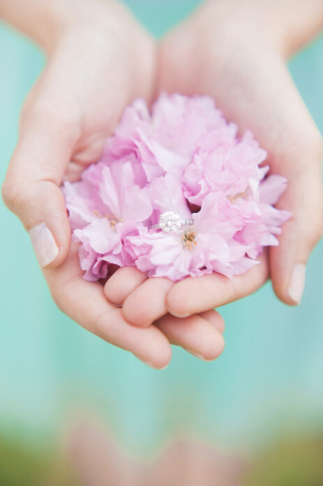 Cherry Blossoms engagement session ring shot at Brooklyn Botanic Garden with images by Mikkel Paige Photography.