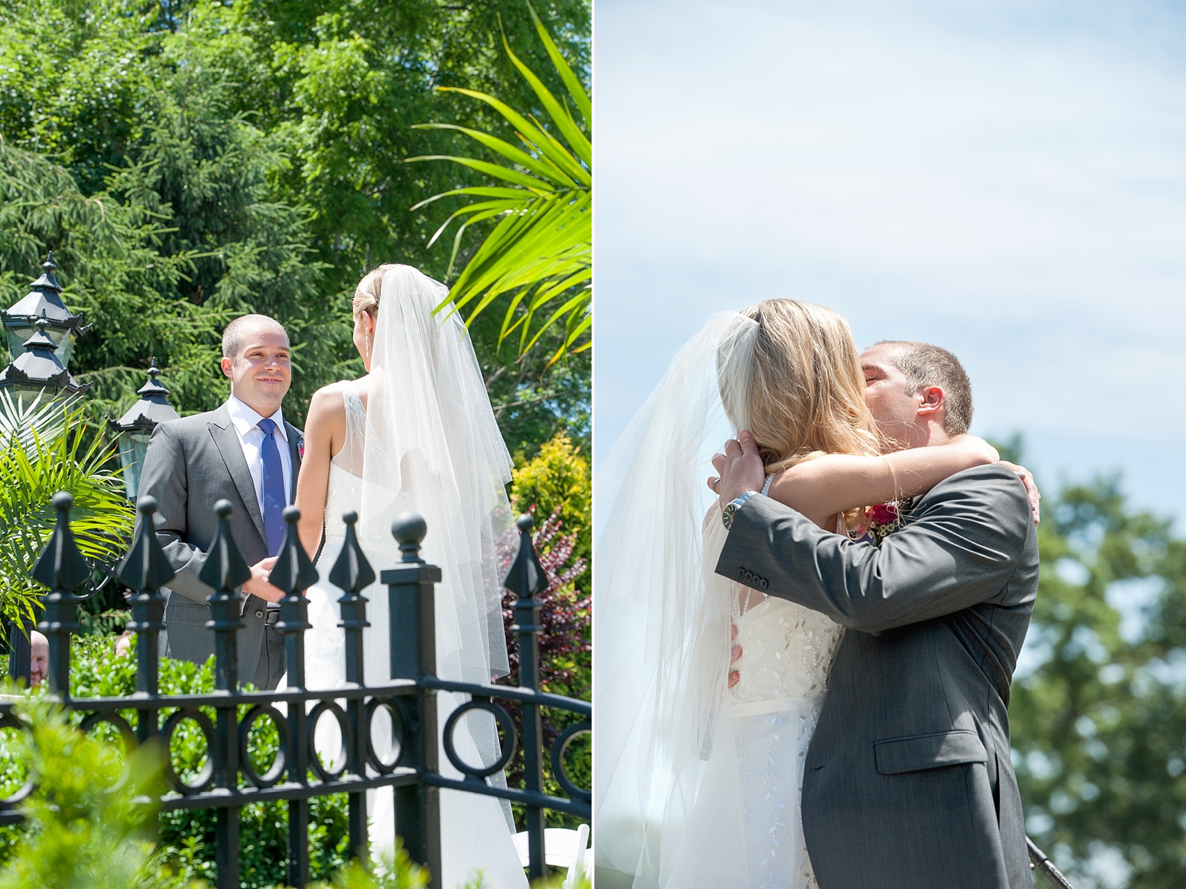 Outdoor summer wedding ceremony and first kiss at The Park Savoy in New Jersey. Photo by Mikkel Paige Photography.