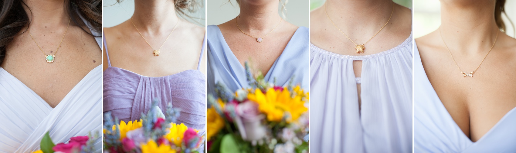 Kate Spade necklaces hand selected for each bridesmaid, in lavender purple dresses. Photo by Mikkel Paige Photography.