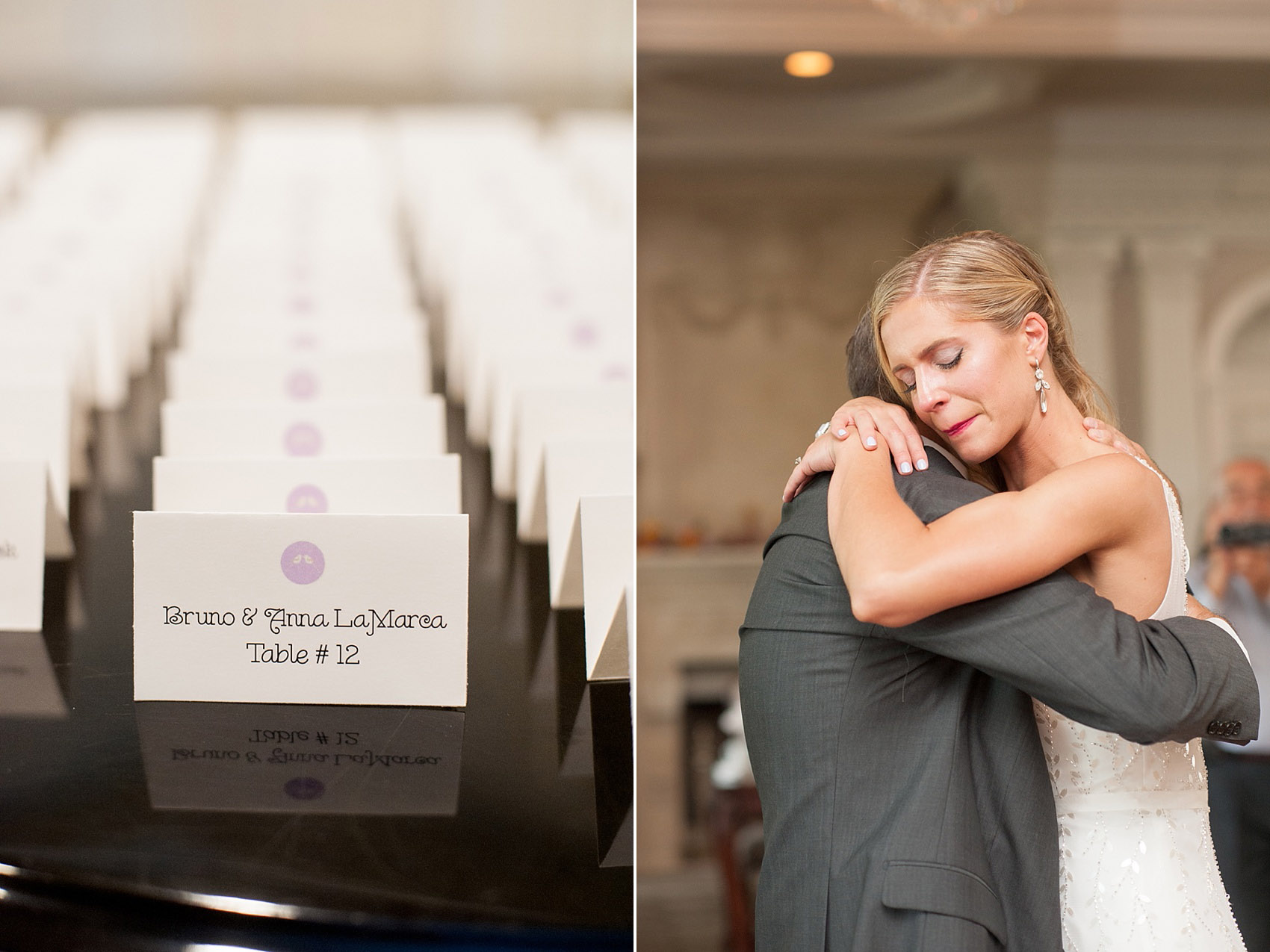 Summer wedding escort cards with purple accent. The bride's father-daughter dance. Photos by Mikkel Paige Photography.
