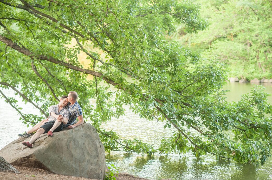 Same sex engagement session at sunset in Central Park, NYC. Photos by Mikkel Paige Photography.