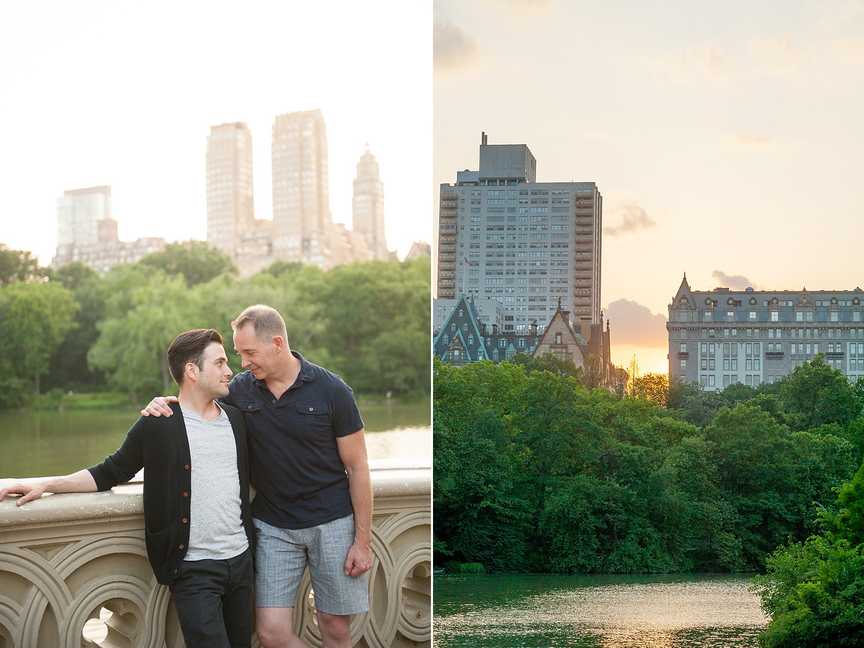 Same sex engagement session at sunset in Central Park, NYC. Famous Bow Bridge! Photos by Mikkel Paige Photography. 