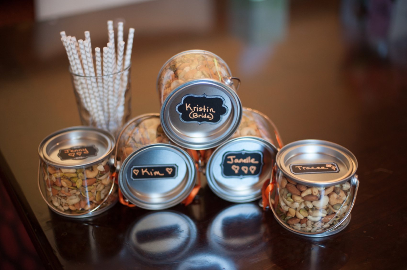 Cute bridesmaid gift for the morning of the wedding!  Pails of nuts for protein! Photos by Mikkel Paige Photography.