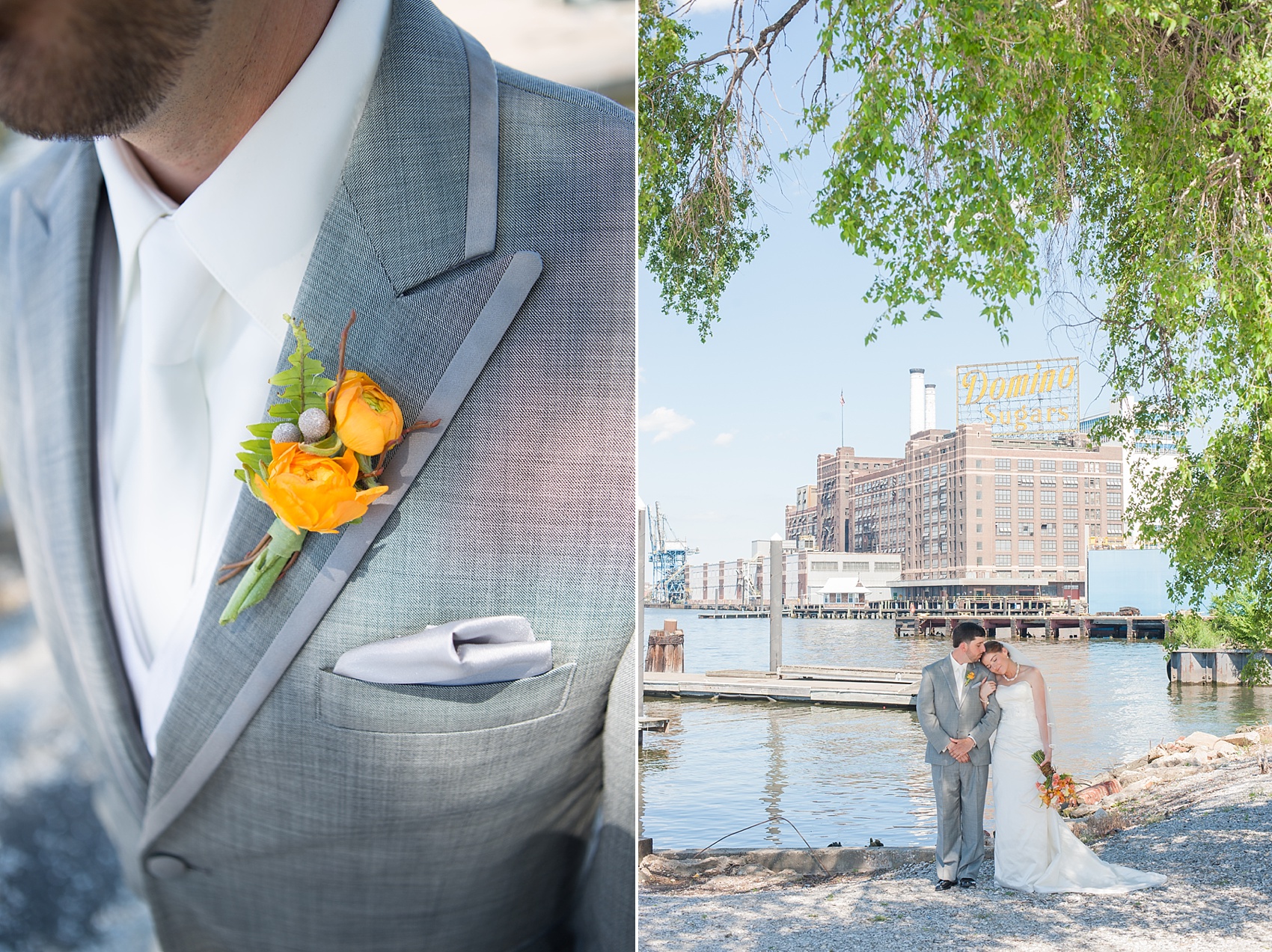 Groom's orange ranunculus boutonniere in Baltimore, Maryland Museum of Industry. Photos by Mikkel Paige Photography.