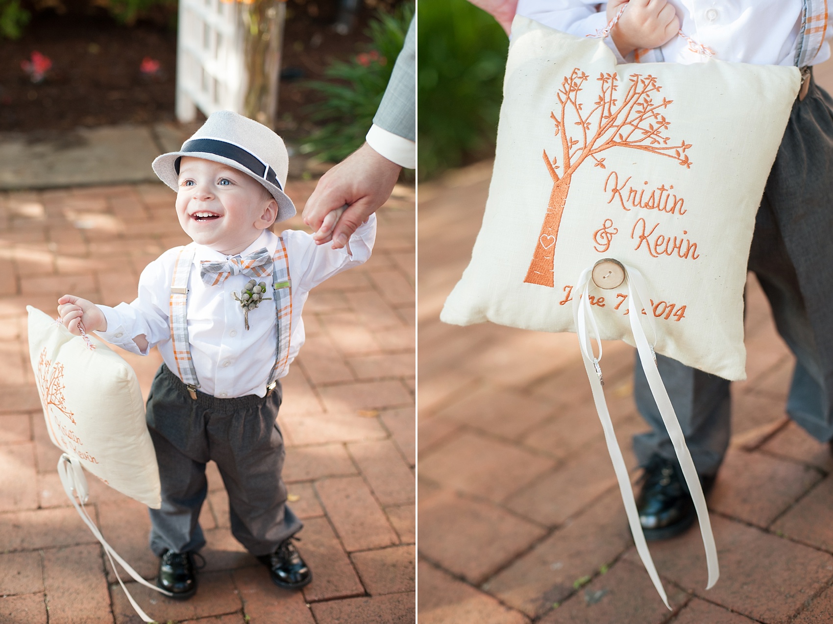 Ring bearer carrying a custom embroidered pillow for a Baltimore, Maryland wedding. Photos by Mikkel Paige Photography.