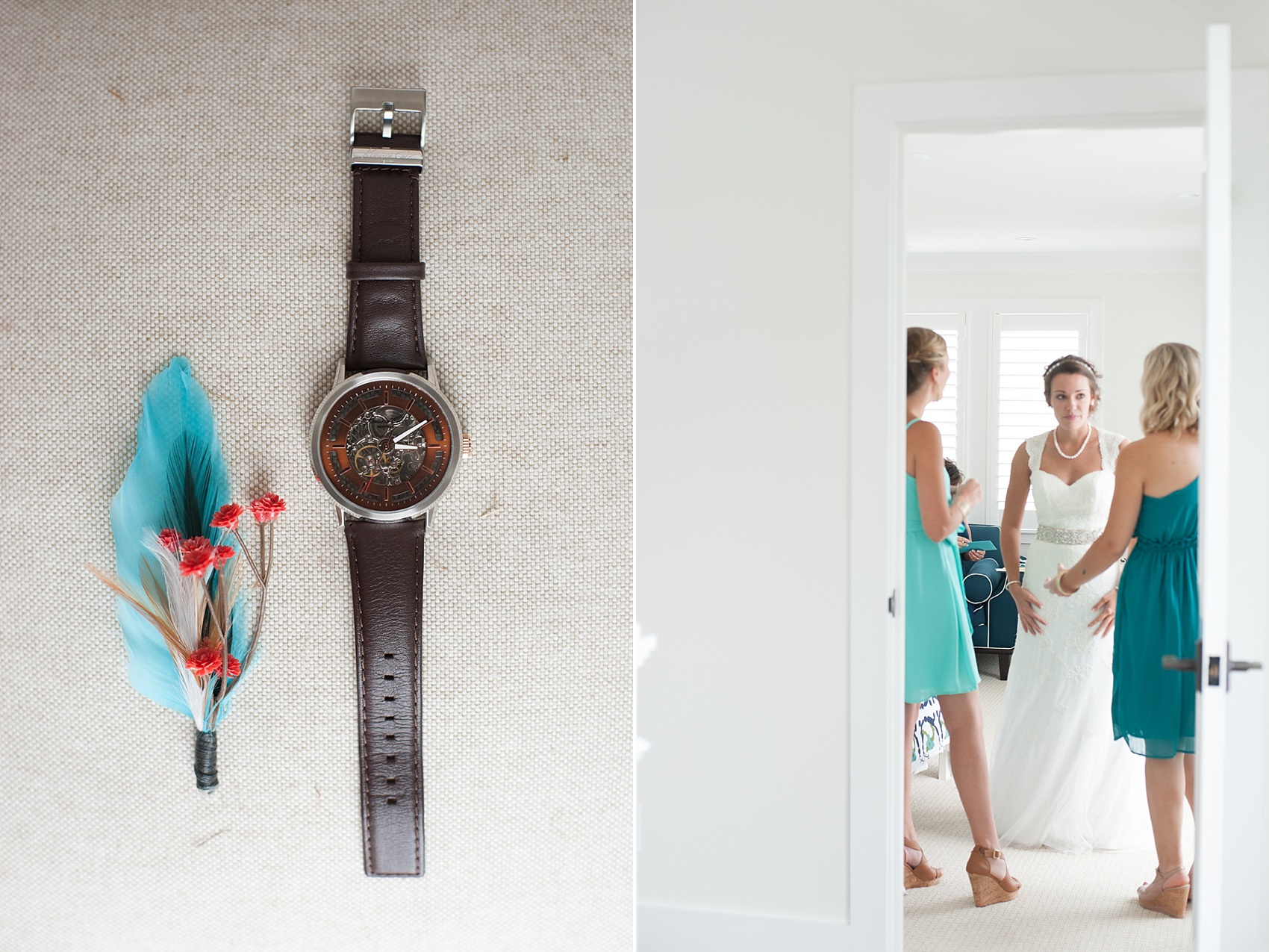 Charleston, South Carolina wedding photography. Teal dressed bridesmaids and feather boutonniere. Images by Mikkel Paige Photography.