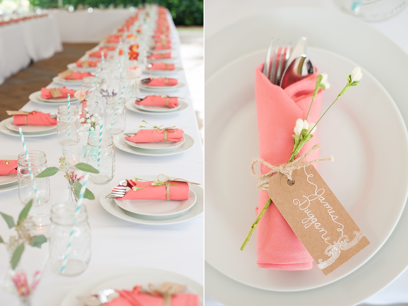 Charleston, South Carolina wedding photography. Coral linens and escort cards, with mason jars. Images by Mikkel Paige Photography.