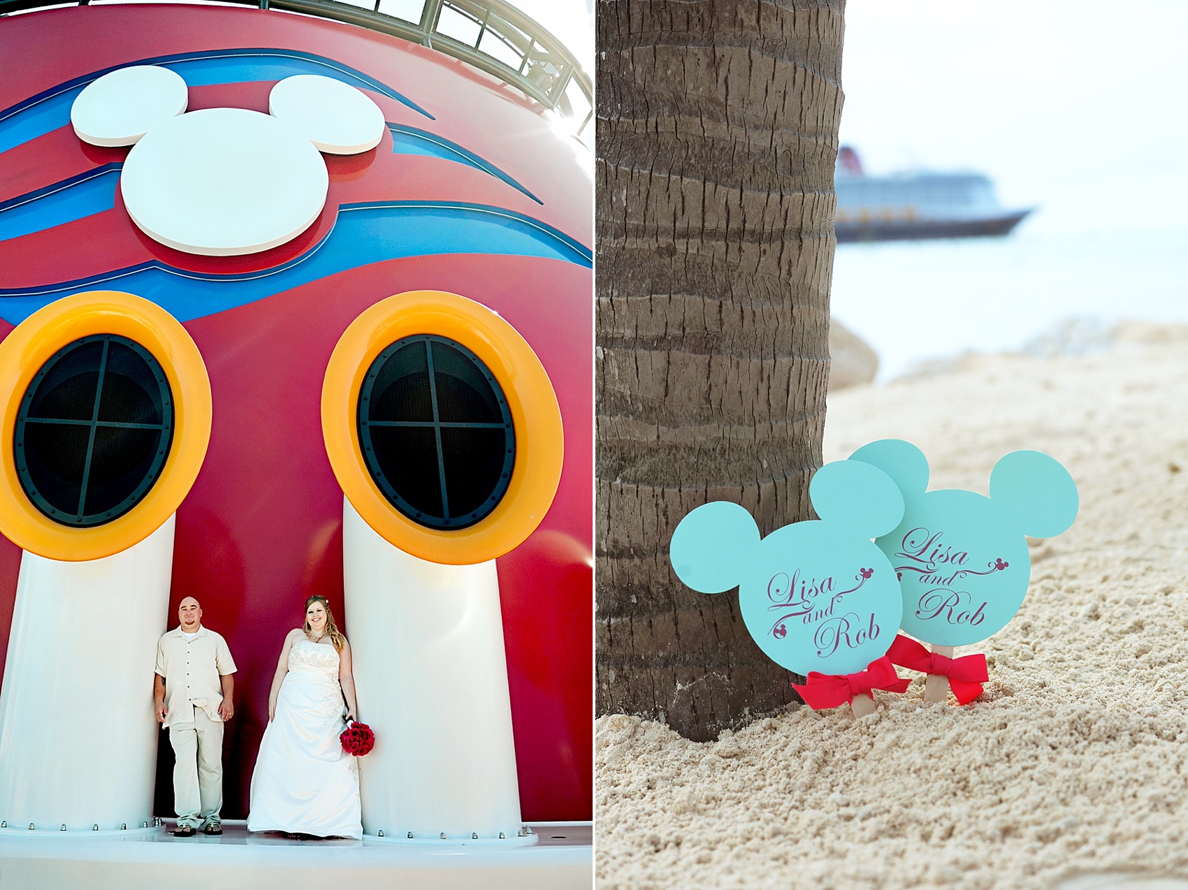 Disney Cruise Line, Disney Dream Wedding, Castaway Cay. DCL images by Mikkel Paige Photography. Couple at the ship stack.