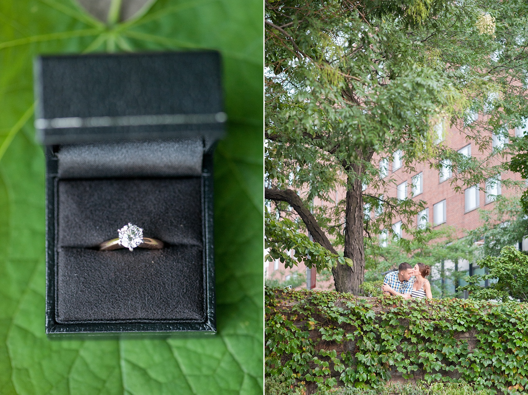 Yellow and white gold engagement ring. Brooklyn Heights Promenade, proposal photos. NYC Skyline, Brooklyn Bridge. Photos by Mikkel Paige Photography.