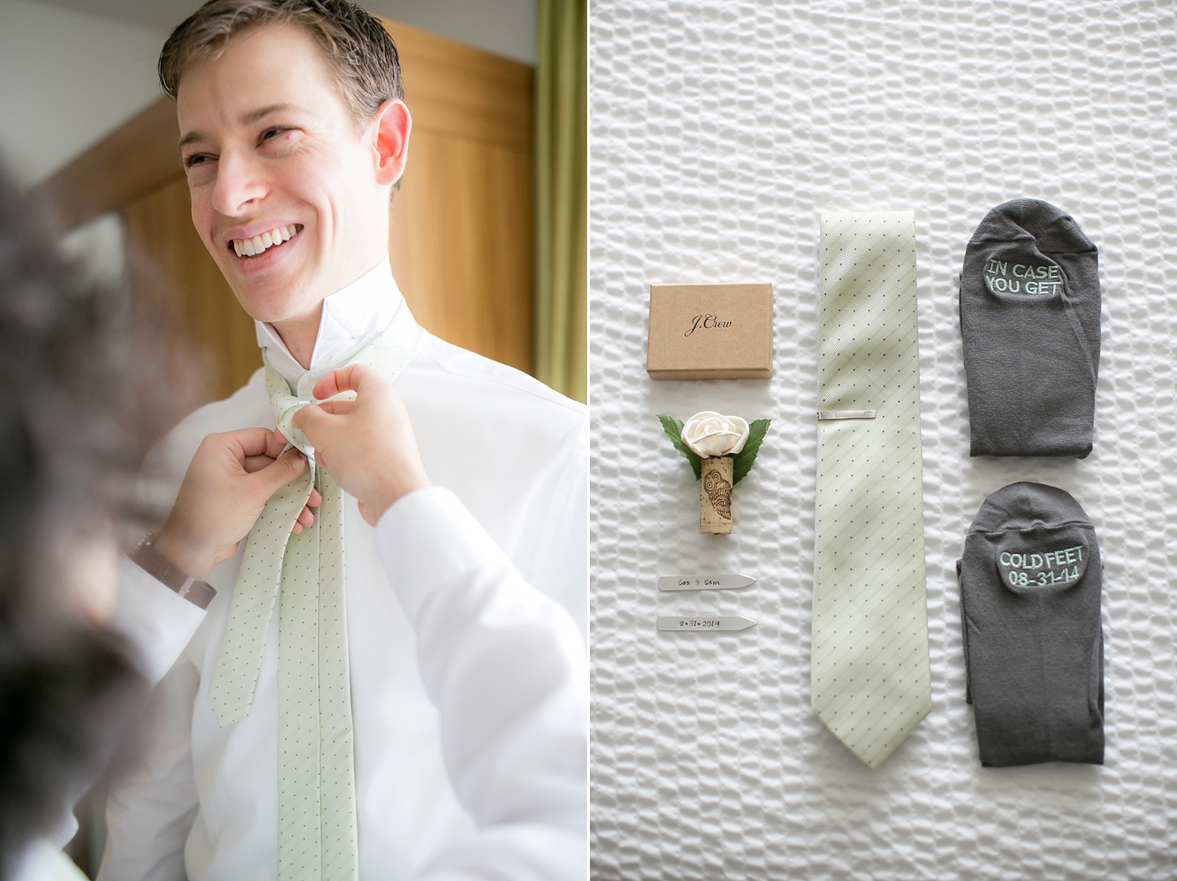 The groom prepares in his J. Crew suit and custom "cold feet" groom's socks for a summer vineyard wedding at Hopewell Valley Vineyards. Photos by New Jersey wedding photographer, Mikkel Paige Photography.