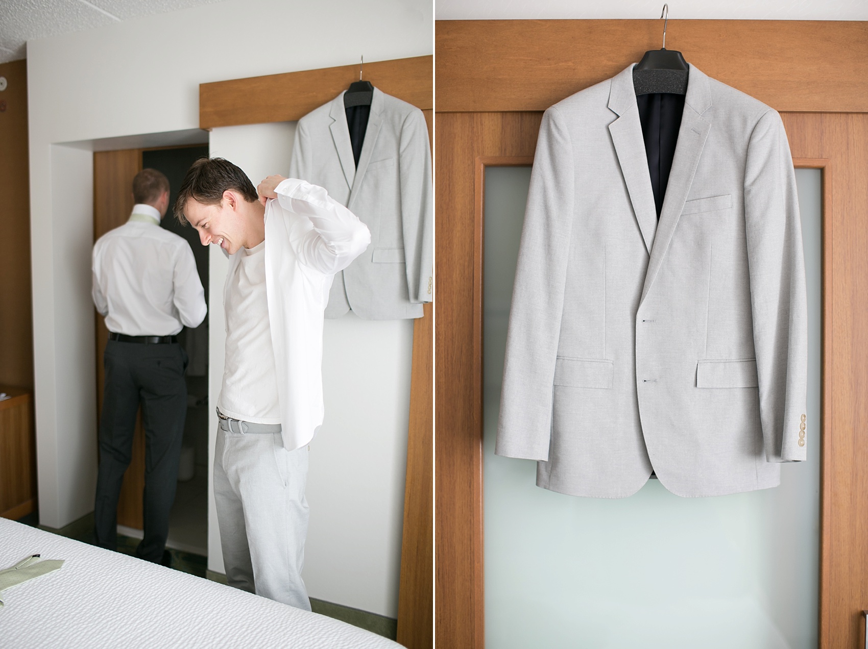 The groom prepares in his J. Crew suit for a summer vineyard wedding at Hopewell Valley Vineyards. Photos by New Jersey wedding photographer, Mikkel Paige Photography.