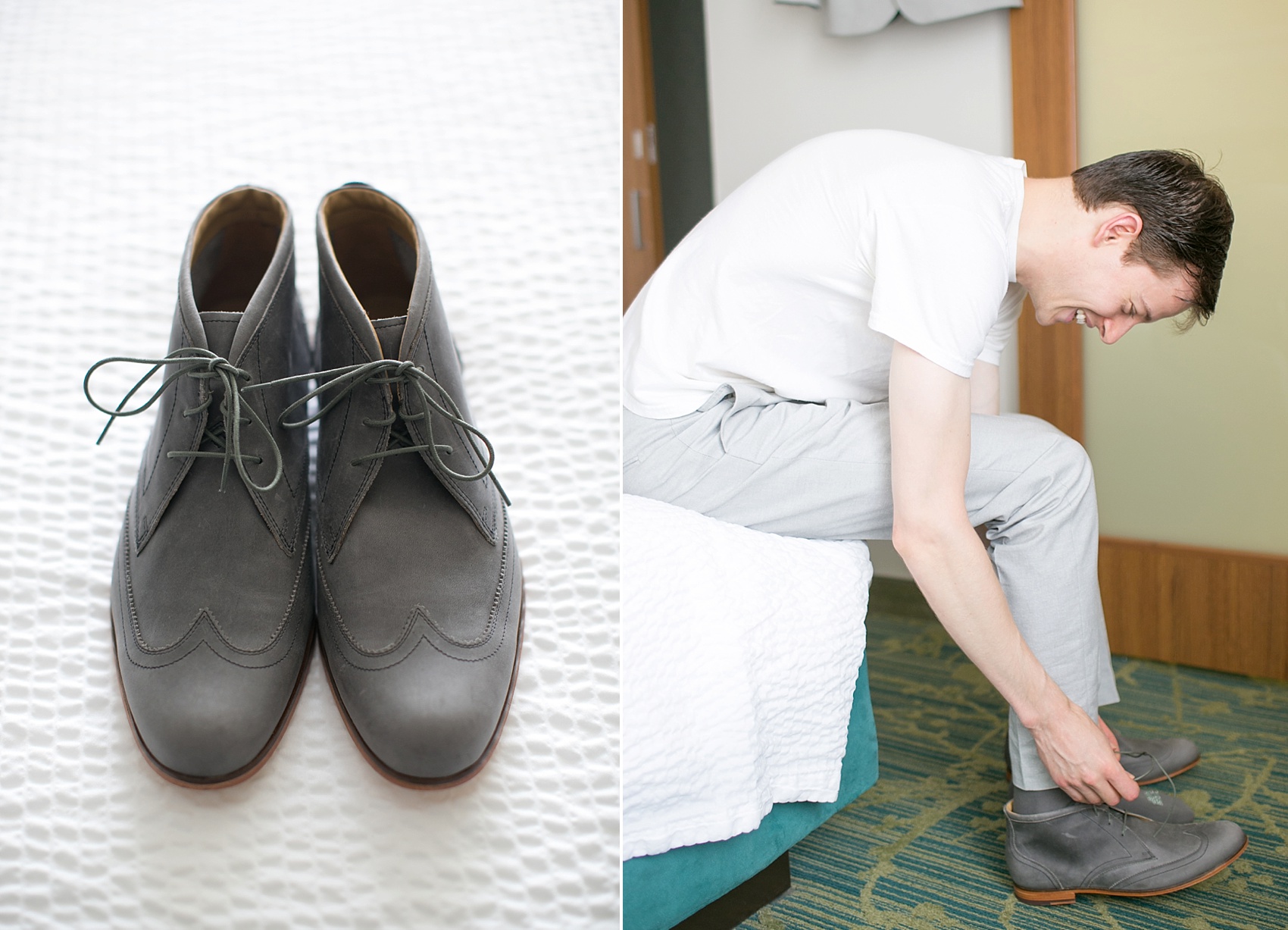 The groom prepares in his J. Crew suit for a summer vineyard wedding at Hopewell Valley Vineyards. Photos by New Jersey wedding photographer, Mikkel Paige Photography.