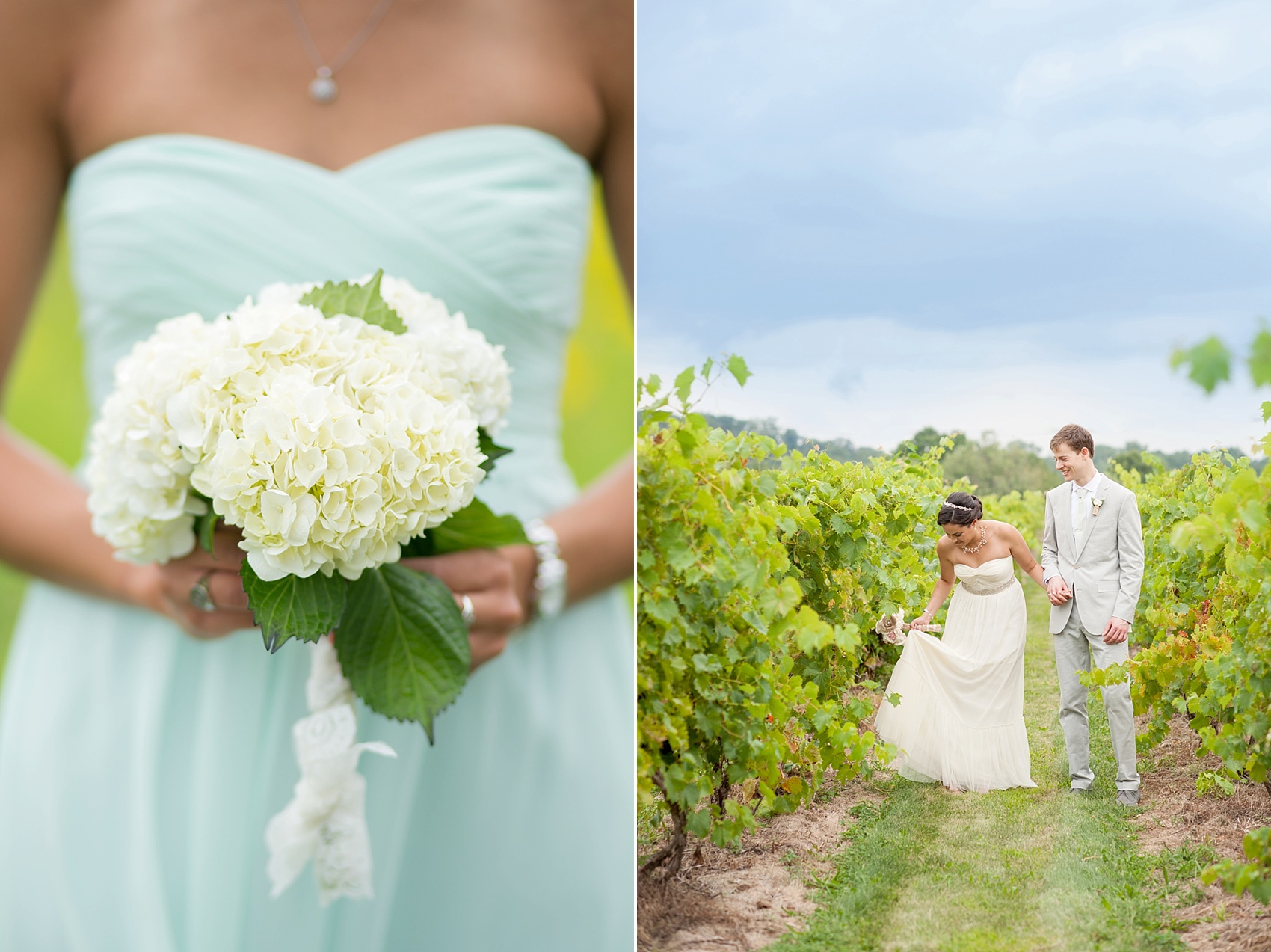 Hydrangea bouquets and mint dresses for a summer vineyard wedding at Hopewell Valley Vineyards. Photos by New Jersey wedding photographer, Mikkel Paige Photography.
