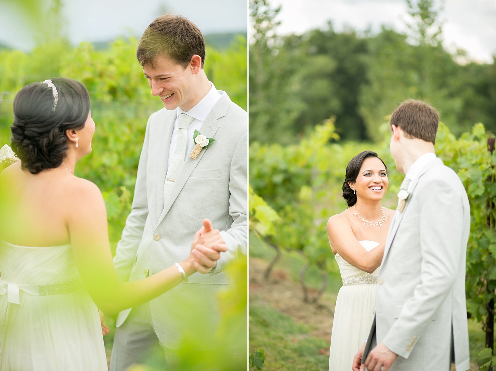 First look: bride in BHLDN, A Va Et Vien, and groom in J. Crew for a summer vineyard wedding at Hopewell Valley Vineyards. Photos by New Jersey wedding photographer, Mikkel Paige Photography.