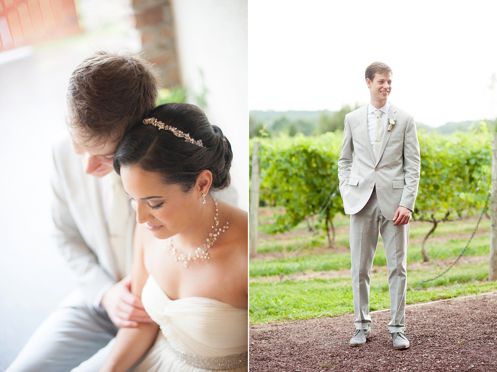 Bride in BHLDN, A Va Et Vien, and groom in J. Crew for a summer vineyard wedding at Hopewell Valley Vineyards. Photos by New Jersey wedding photographer, Mikkel Paige Photography.