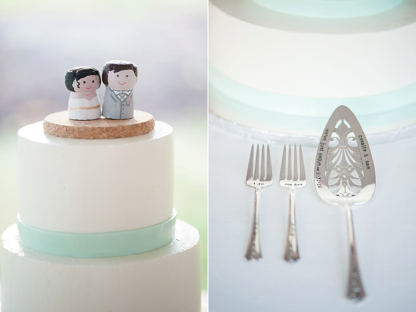 Hopewell Valley Vineyards wedding champagne cork cake topper and custom forks and cake cutter. Photos by New Jersey wedding photographer, Mikkel Paige Photography.