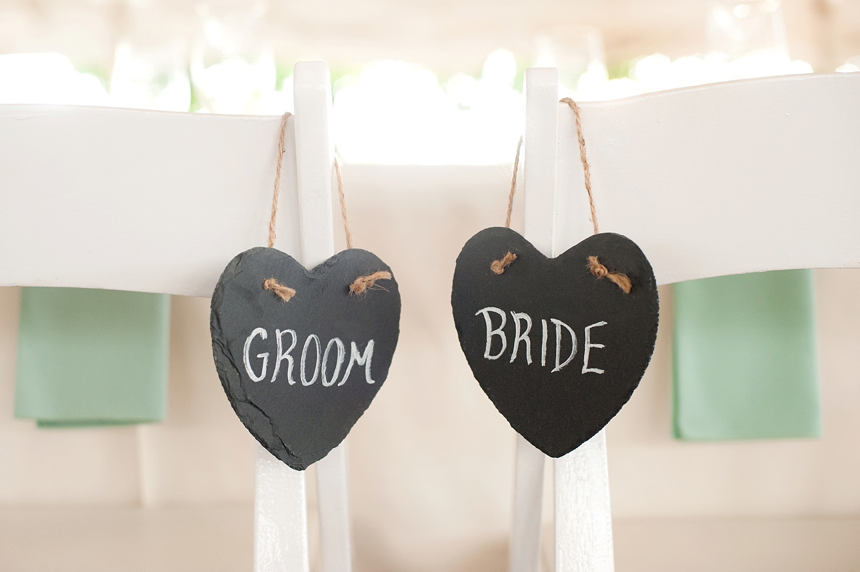 Hopewell Valley Vineyards wedding details - bride and groom heart slate signs. Photos by New Jersey wedding photographer, Mikkel Paige Photography.