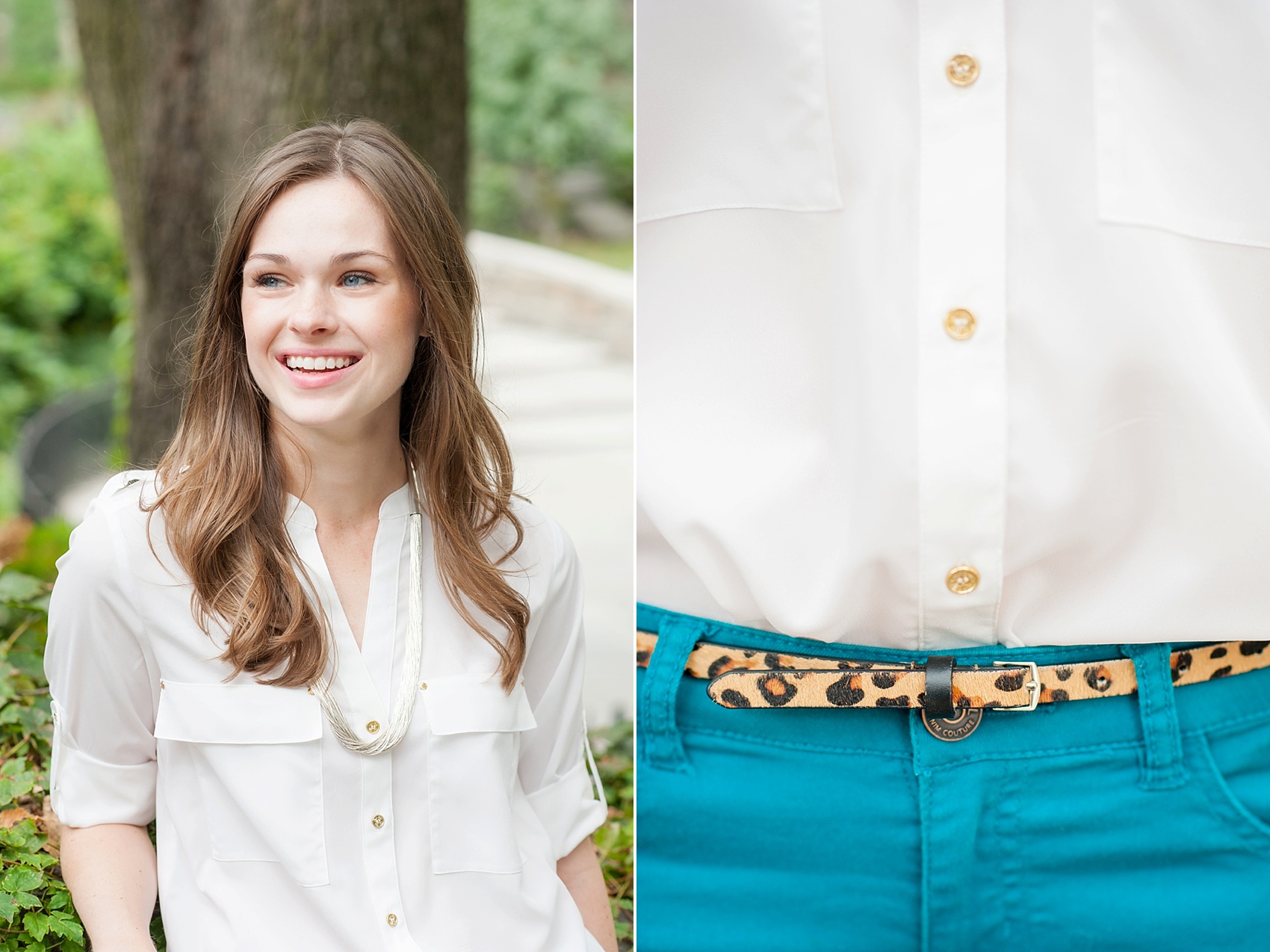 NYC engagement photo outfits: teal pants and leopard belt. Pictures by Mikkel Paige Photography at the Upper East Side's Carl Schurz Park.
