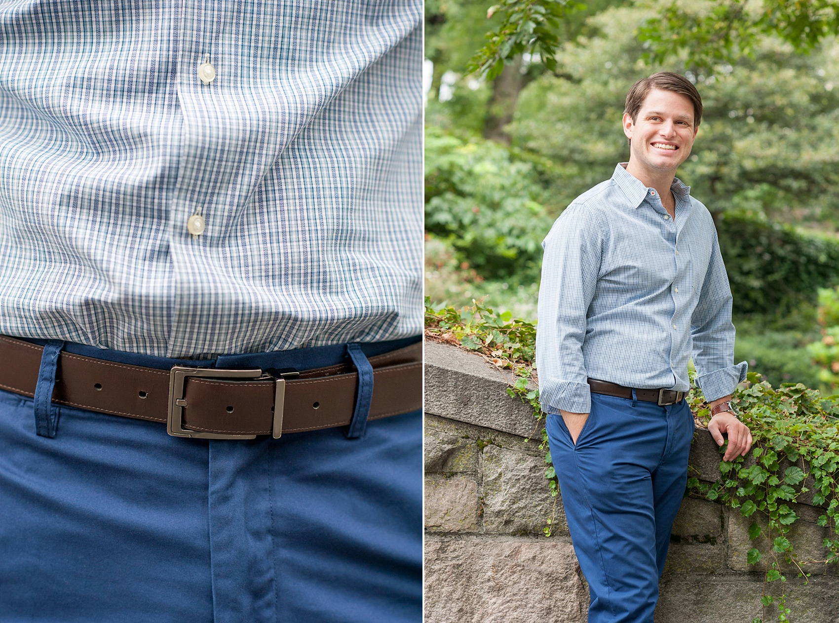 NYC engagement photo outfits: navy pants and brown belt. Pictures by Mikkel Paige Photography at the Upper East Side's Carl Schurz Park.