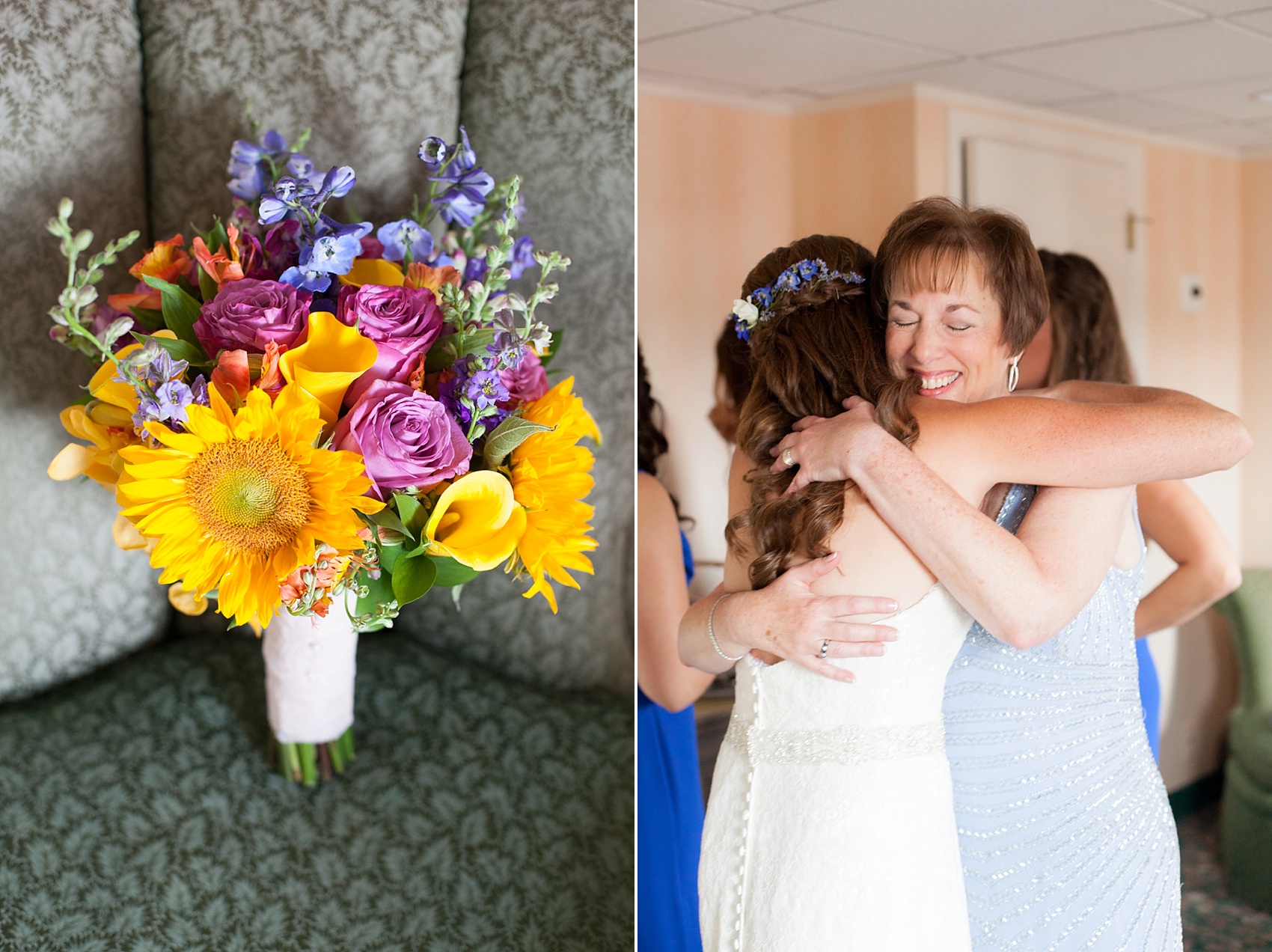 Perona Farms wedding bride's colorful sunflower and rose bouquet, rustic colorful summer celebration. Pictures by New Jersey photographer Mikkel Paige Photography.