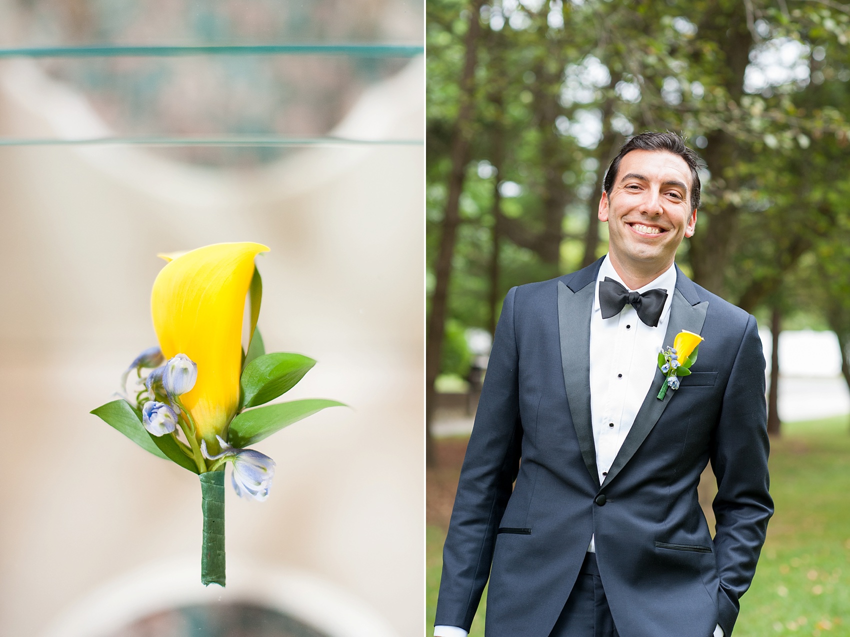 Perona Farms wedding photos of navy blue tuxedo groom and yellow calla lily boutonniere for their colorful summer celebration. Pictures by New Jersey photographer Mikkel Paige Photography.