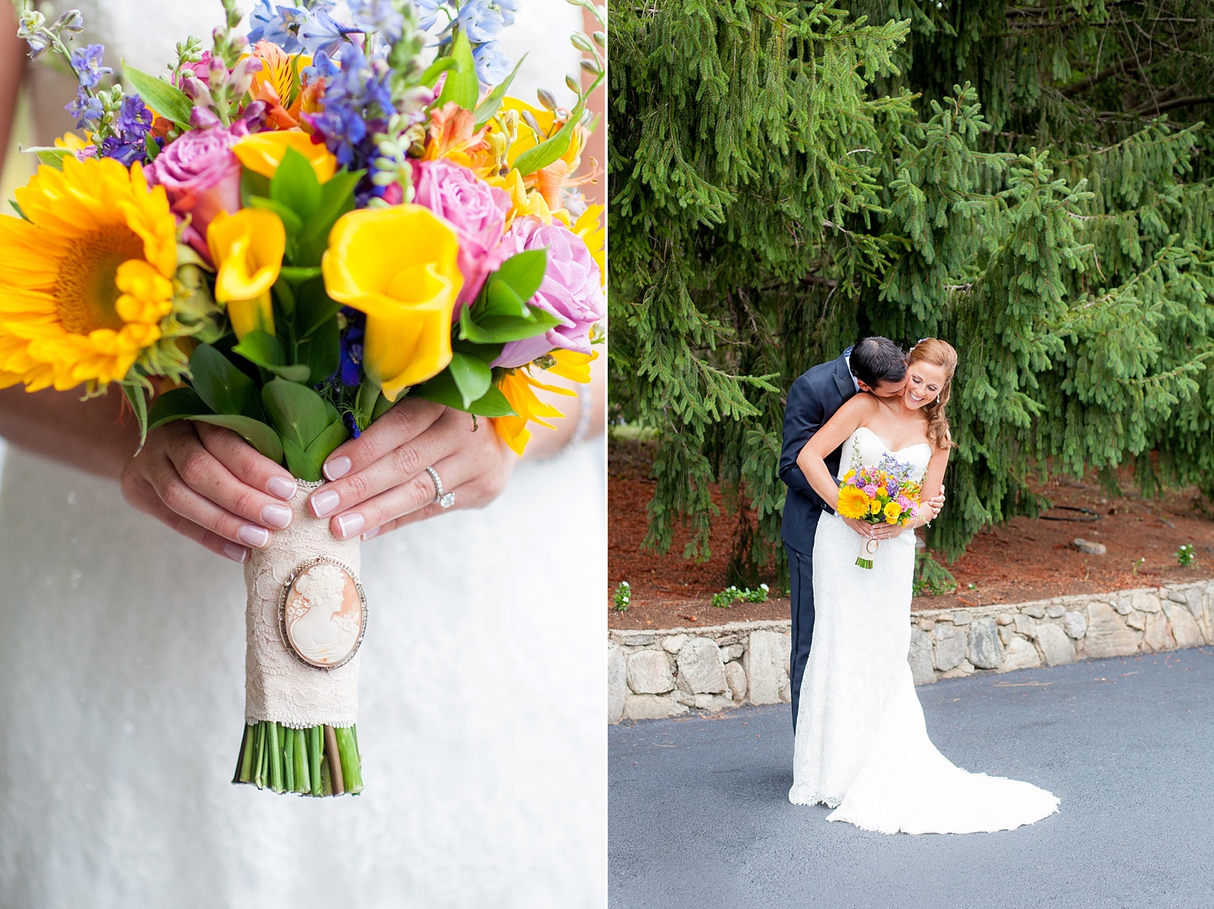 Perona Farms wedding photos bride and groom and colorful sunflower bouquet for their summer celebration. Pictures by New Jersey photographer Mikkel Paige Photography.