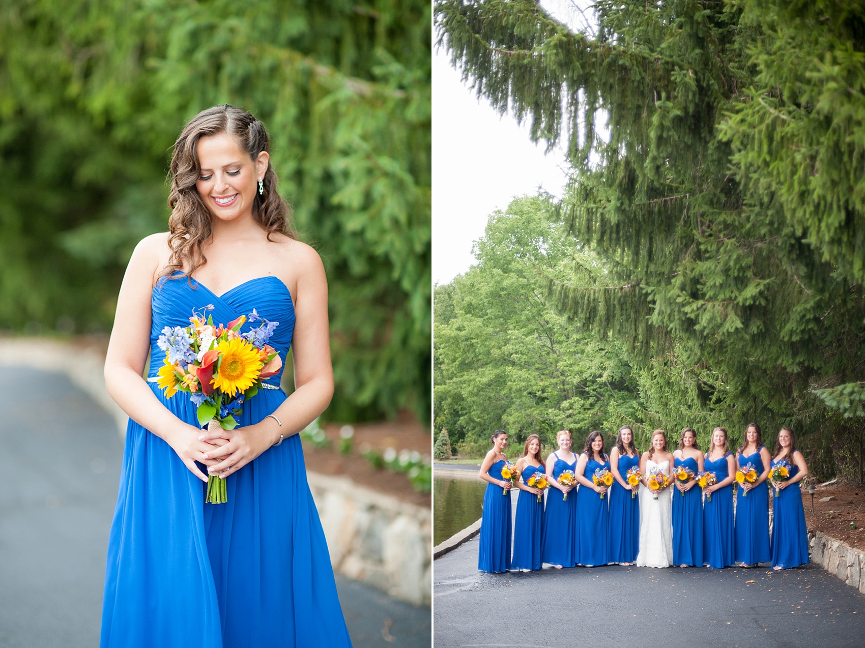 Perona Farms wedding photos cobalt blue bridesmaids for a colorful summer celebration. Pictures by New Jersey photographer Mikkel Paige Photography.