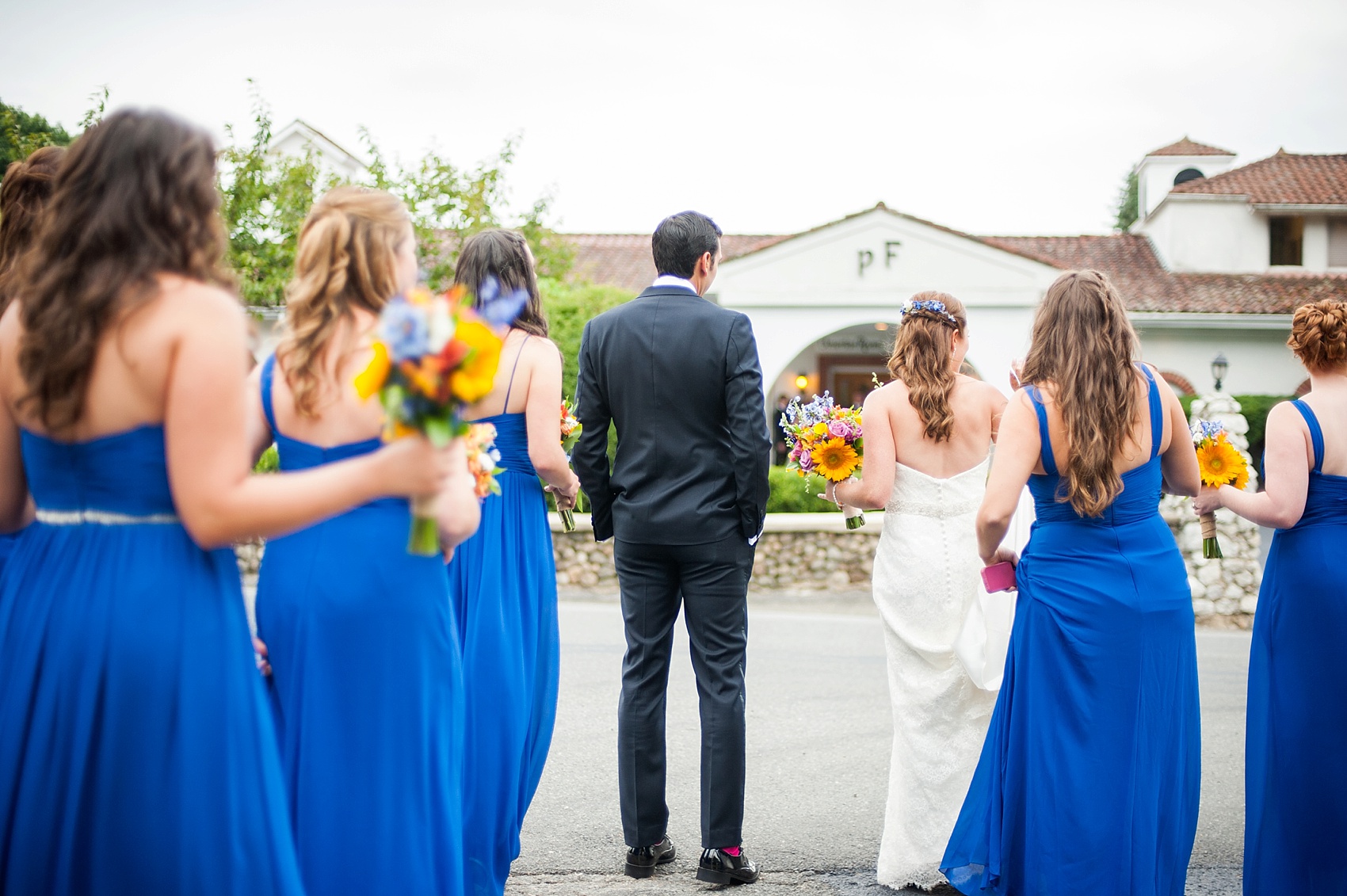 Perona Farms wedding photos cobalt blue bridesmaids for a colorful summer celebration. Pictures by New Jersey photographer Mikkel Paige Photography.