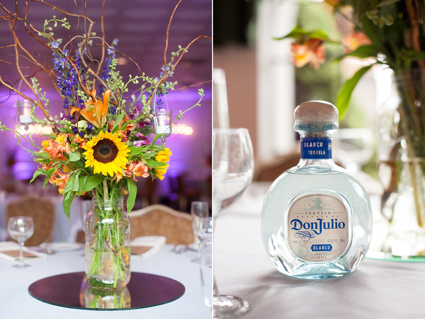 Perona Farms wedding photos Don Julio tequila and sunflower and willow branch floral centerpieces in mason jars for a colorful summer celebration. Pictures by New Jersey photographer Mikkel Paige Photography.