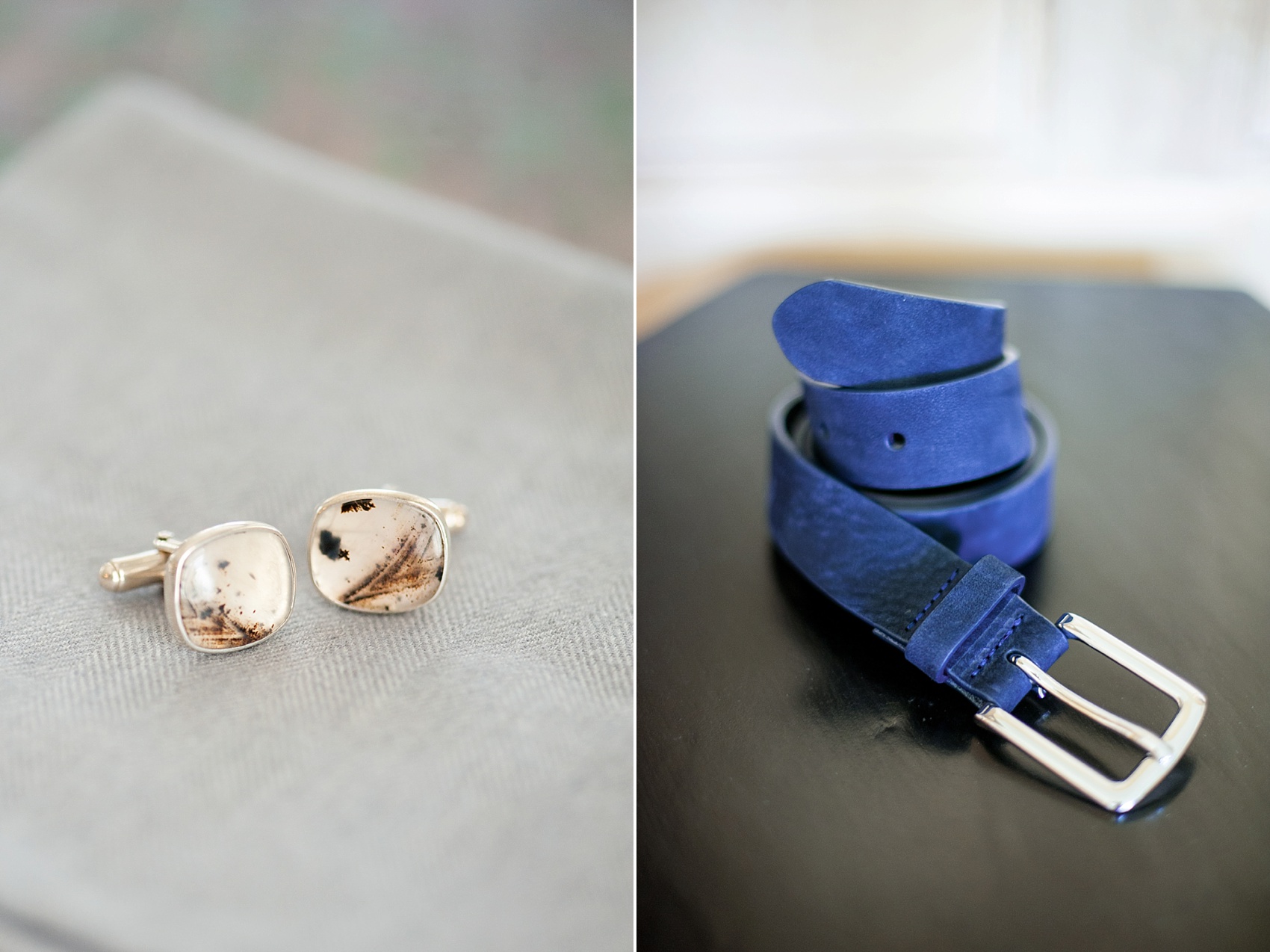 Groom's rustic vintage cufflinks and navy suede belt for his same sex Hamptons wedding. Photos by NYC photographer, Mikkel Paige Photography.