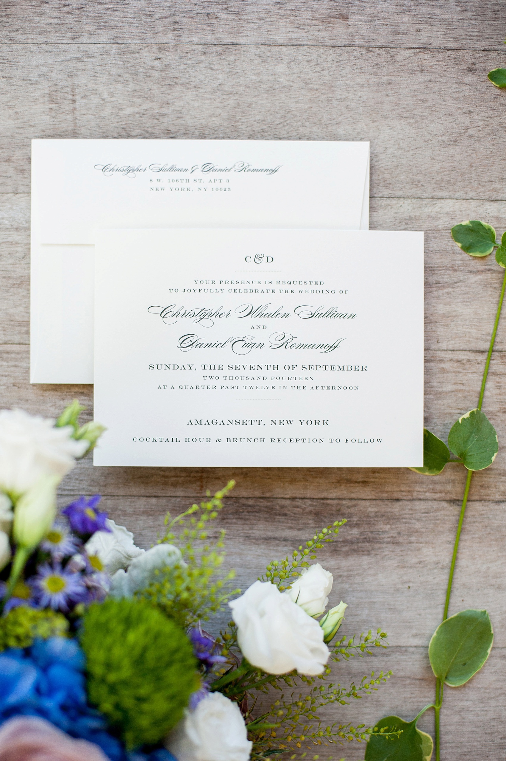 Elegant same sex wedding invitation for a Hamptons ceremony. Photos by NYC photographer, Mikkel Paige Photography.