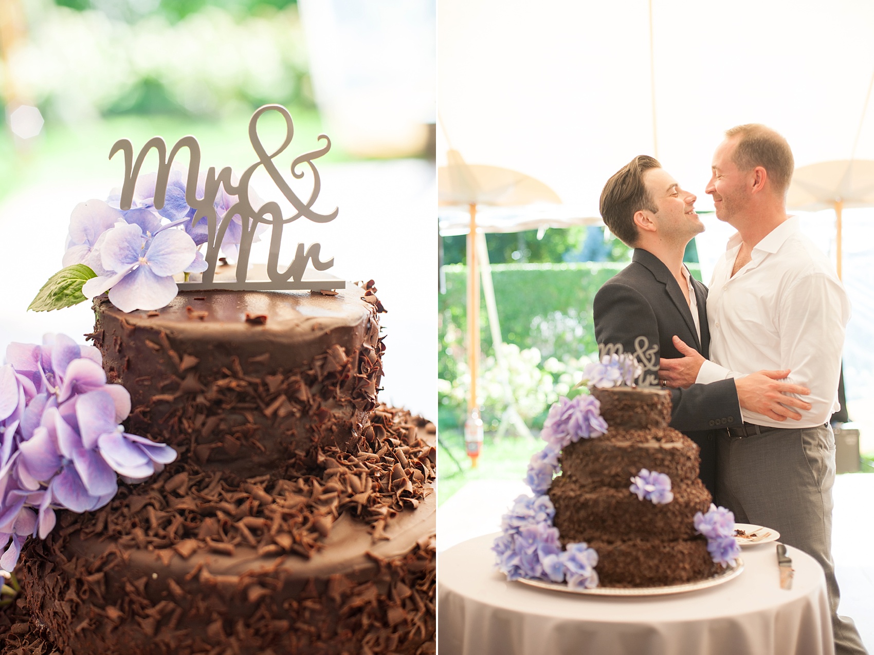 Mr. & Mr. cake topper on a chocolate shavings tiered cake for a gay, same-sex wedding in the Hamptons. Photos by NYC photographer, Mikkel Paige Photography.