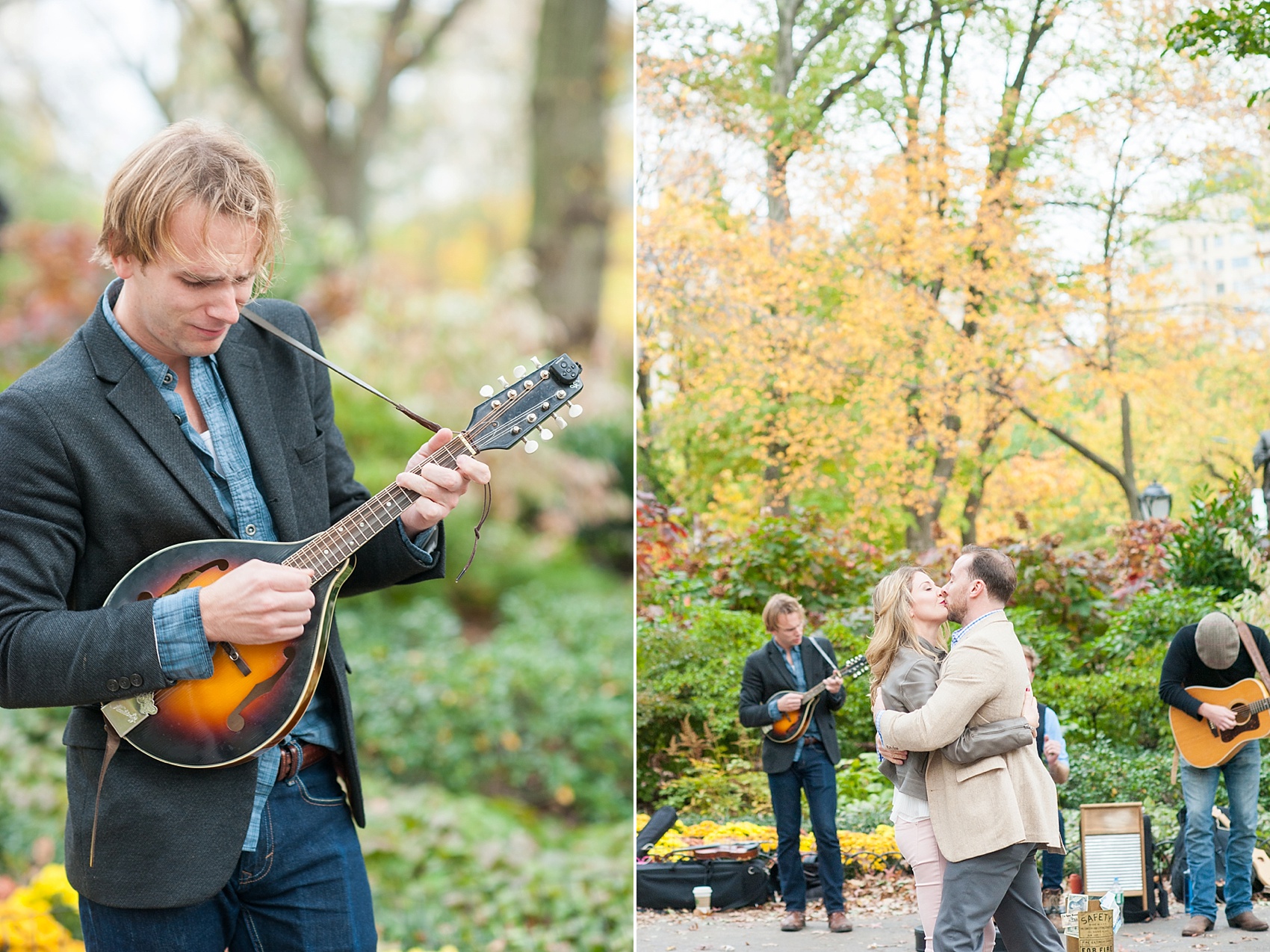 Central Park fall engagement photos in NYC by New York City wedding photographer, Mikkel Paige Photography. The band is The Good Morning Nags, playing near Literary Walk.