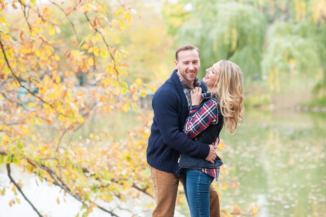 Central Park fall engagement photos in NYC by New York City wedding photographer, Mikkel Paige Photography. Photos by the film famous Boathouse.