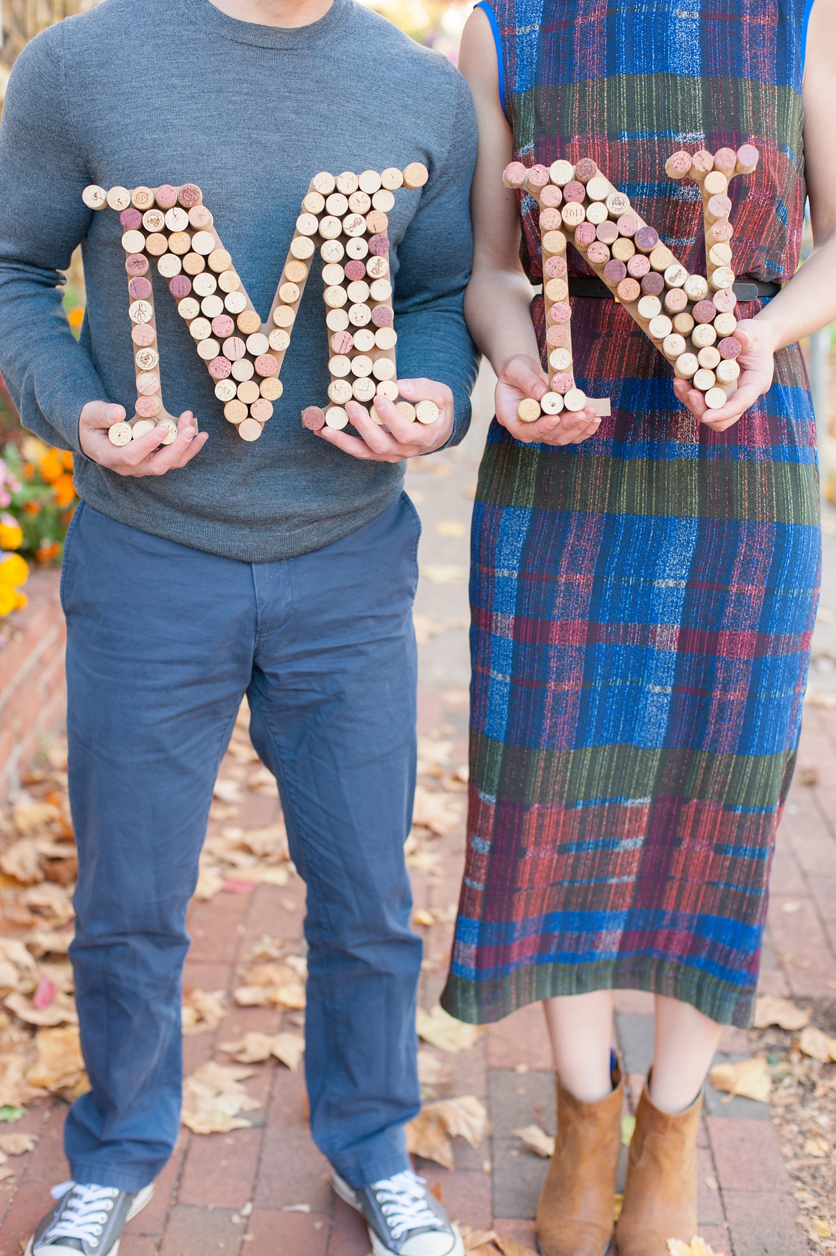 Wine cork monogram letters at a New Hope, PA historic train station engagement session. Photos by Mikkel Paige Photography. 