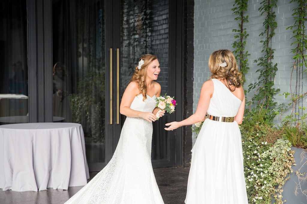 First look for a same sex, gay wedding. Gowns by Jenny Yoo and Henry Roth, and flowers by Foxglove for a wedding at 501 Union, Brooklyn, NY. Photography by Mikkel Paige, NYC wedding photographer.