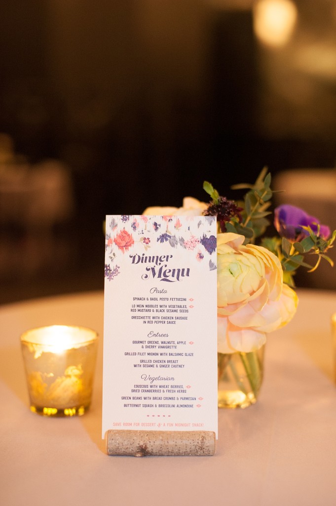 Dinner menu and reception tables for a lesbian wedding at 501 Union, Brooklyn, NY. Photography by Mikkel Paige, NYC wedding photographer. Flowers by Foxglove.