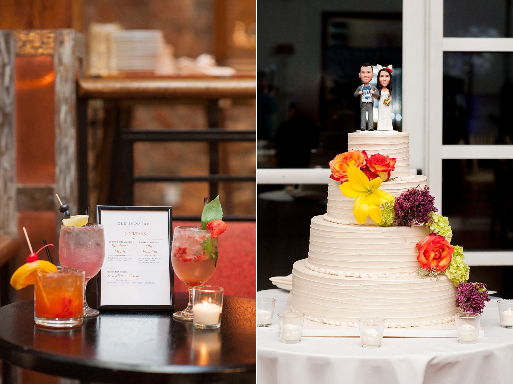 Custom cocktails and tiered white buttercream cake with custom caricature bride and groom figurines from Etsy. Stonehouse at Stirling Ridge fall wedding. Photos by Mikkel Paige Photography, New Jersey wedding photographer.