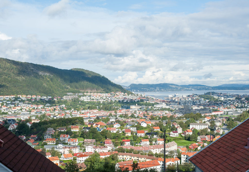 Mikkel Paige Photography pictures from a wedding in Bergen, Norway. An aerial image of the gulf from the bride's room.