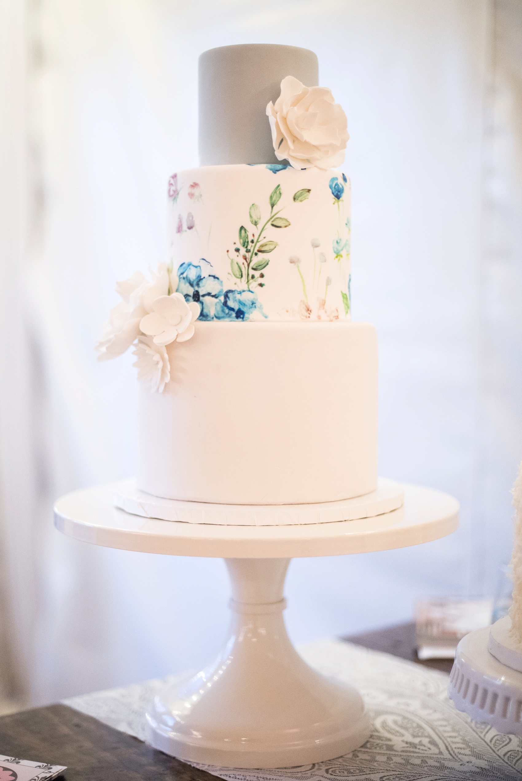 Raleigh North Carolina wedding photographer Mikkel Paige visits Merrimon-Wynne bridal event, featuring hand painted cake design by The Cupcake Shoppe. 
