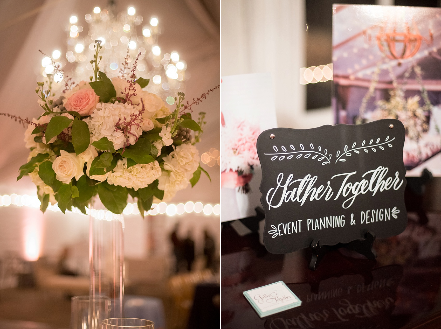 Wedding planners Gather Together. Raleigh North Carolina wedding photographer Mikkel Paige visits Merrimon-Wynne bridal event, featuring Party Reflections rentals and Simply Elegant Floral Design. Calligraphy by One and Only. 
