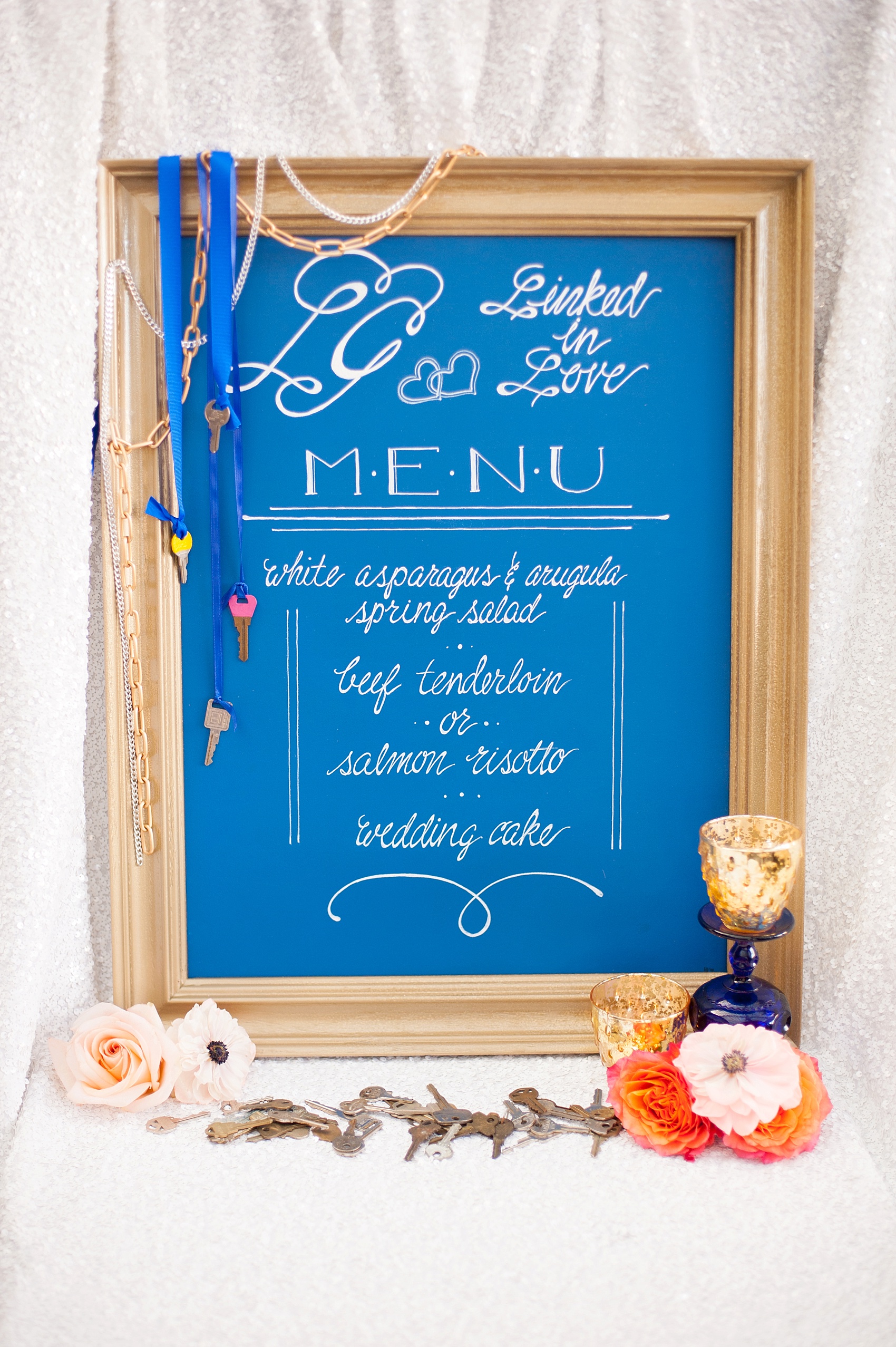 Blue chalkboard menu for Lock and Key, Forever Linked, Ponts des Art wedding inspiration. Photos by Mikkel Paige Photography, planning by Dulce Dream Events. 
