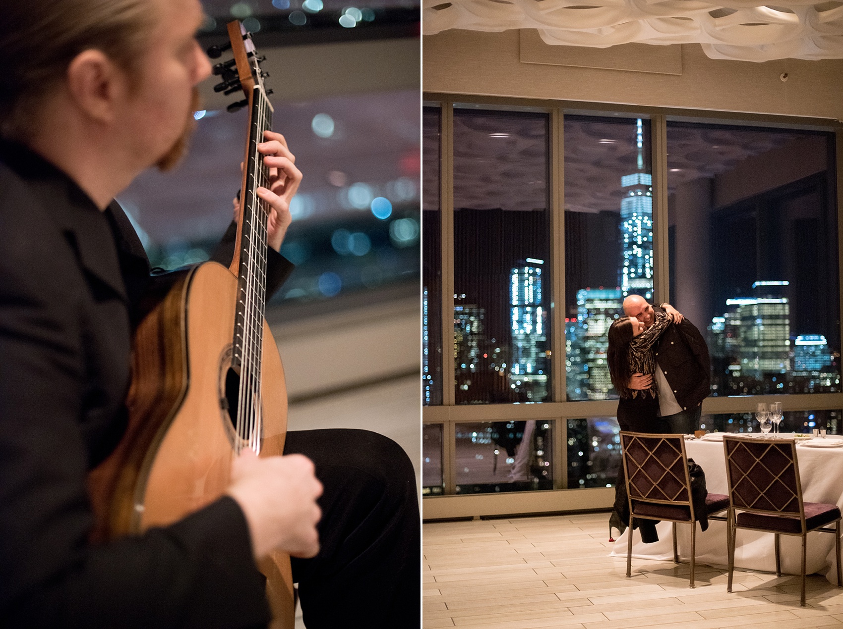 NYC Proposal Photos by Mikkel Paige Photography. Candlelight rose aisle at Trump Soho overlooking NYC skyline. 
