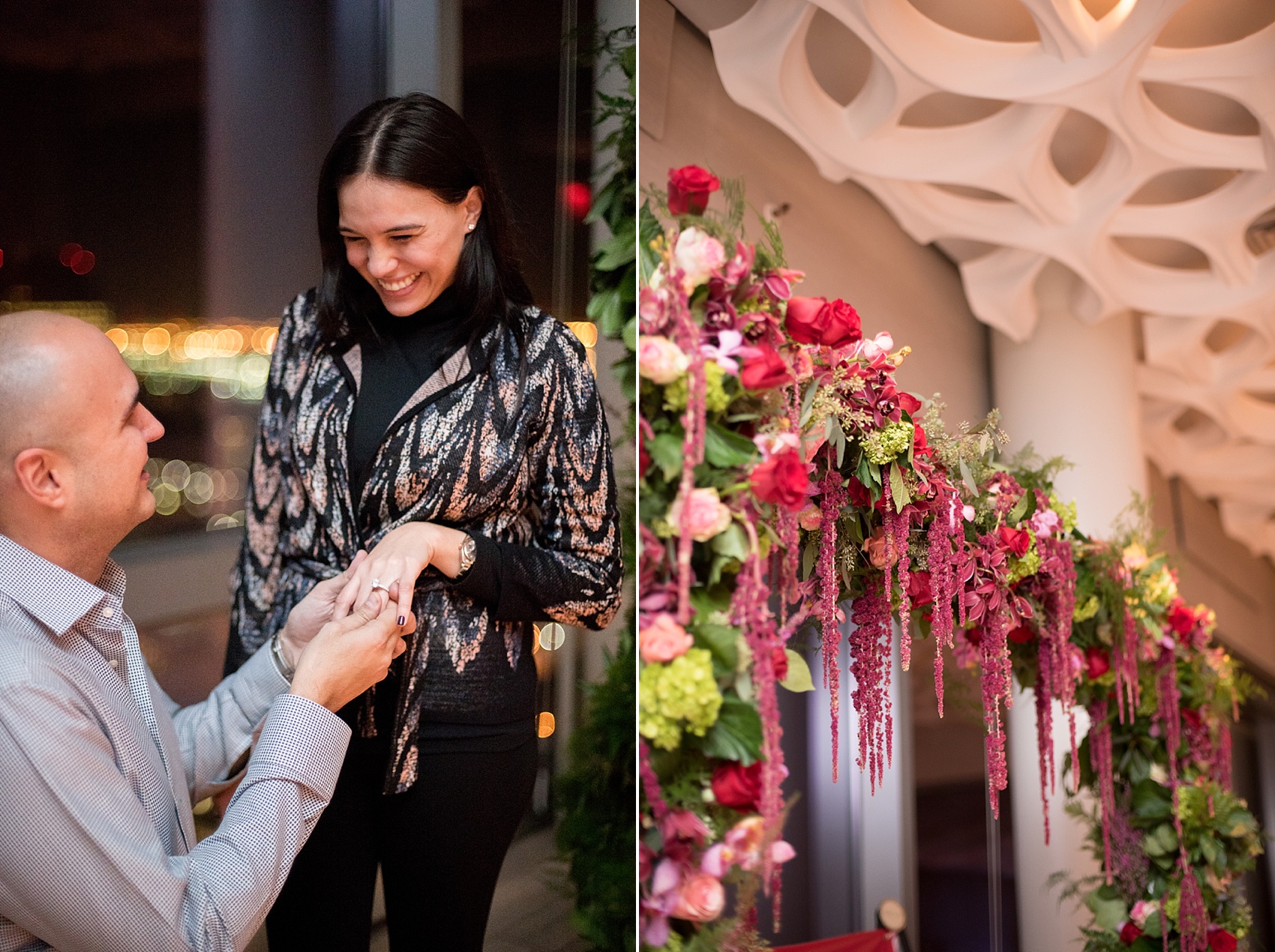 NYC Proposal Photos by Mikkel Paige Photography.  Cascading floral arch by The Arrangement NYC at Trump Soho overlooking Manhattan skyline. 