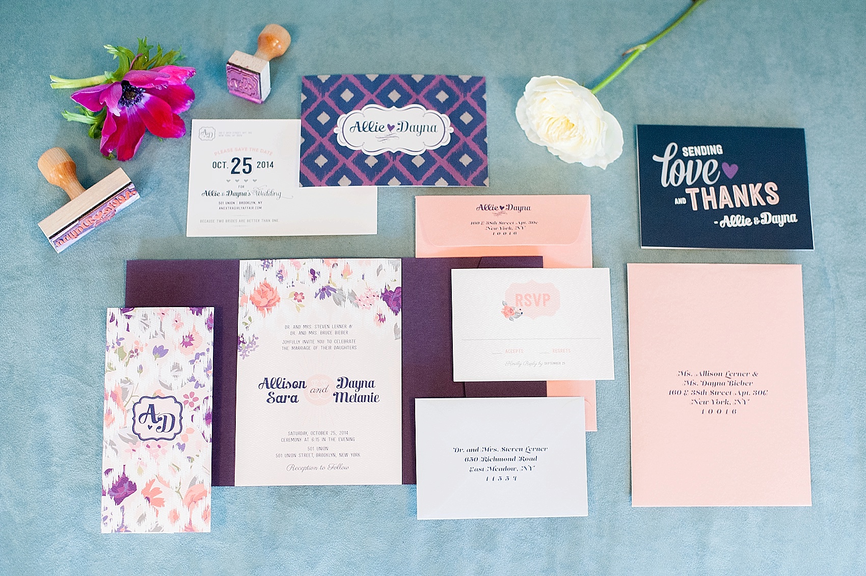 Wedding invitations and paper suites by Raleigh wedding photographer, Mikkel Paige. Paper suites, stamps, calligraphy and more. Pink, blue and purple same sex wedding invitations. 