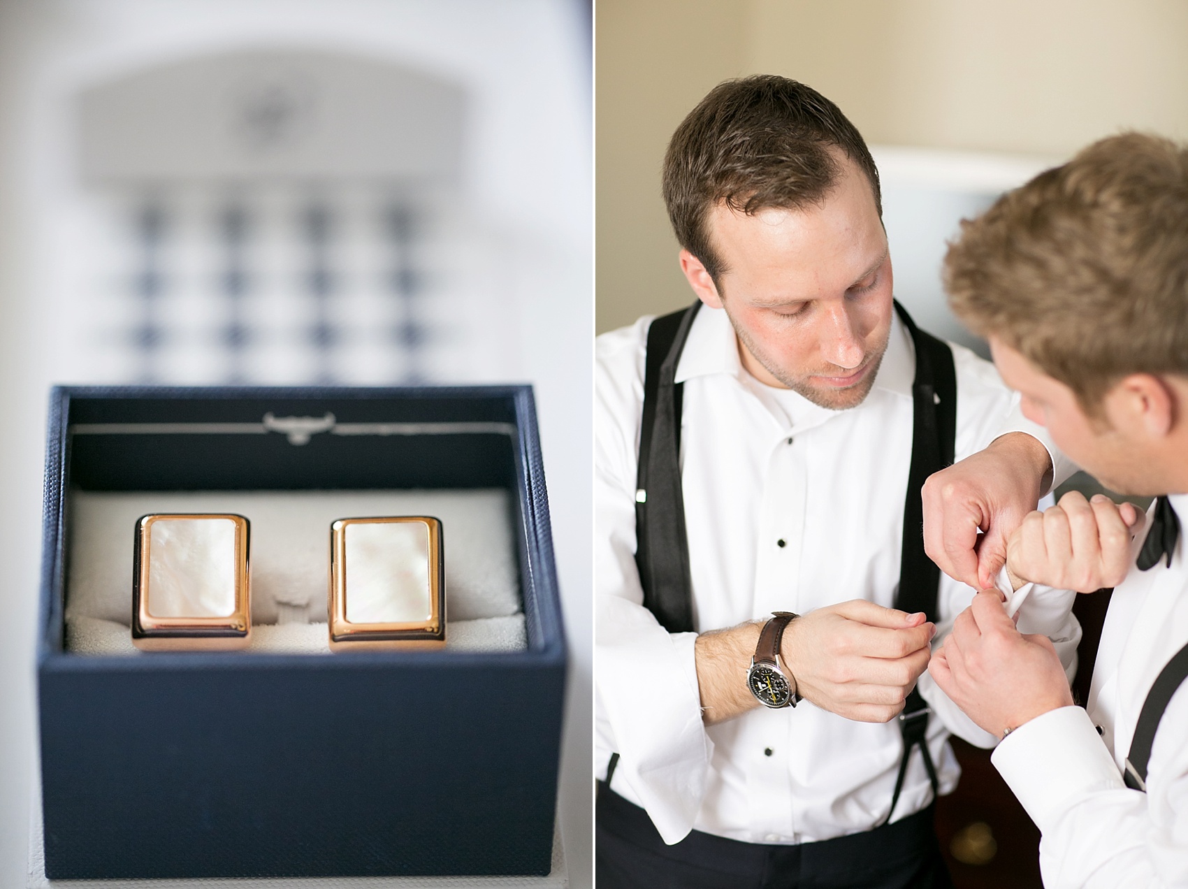 Washington, DC wedding photos by Mikkel Paige. Mother of Pearl rectangle cufflinks for a Presidents Weekend wedding at The Ritz Carlton, Pentagon City.