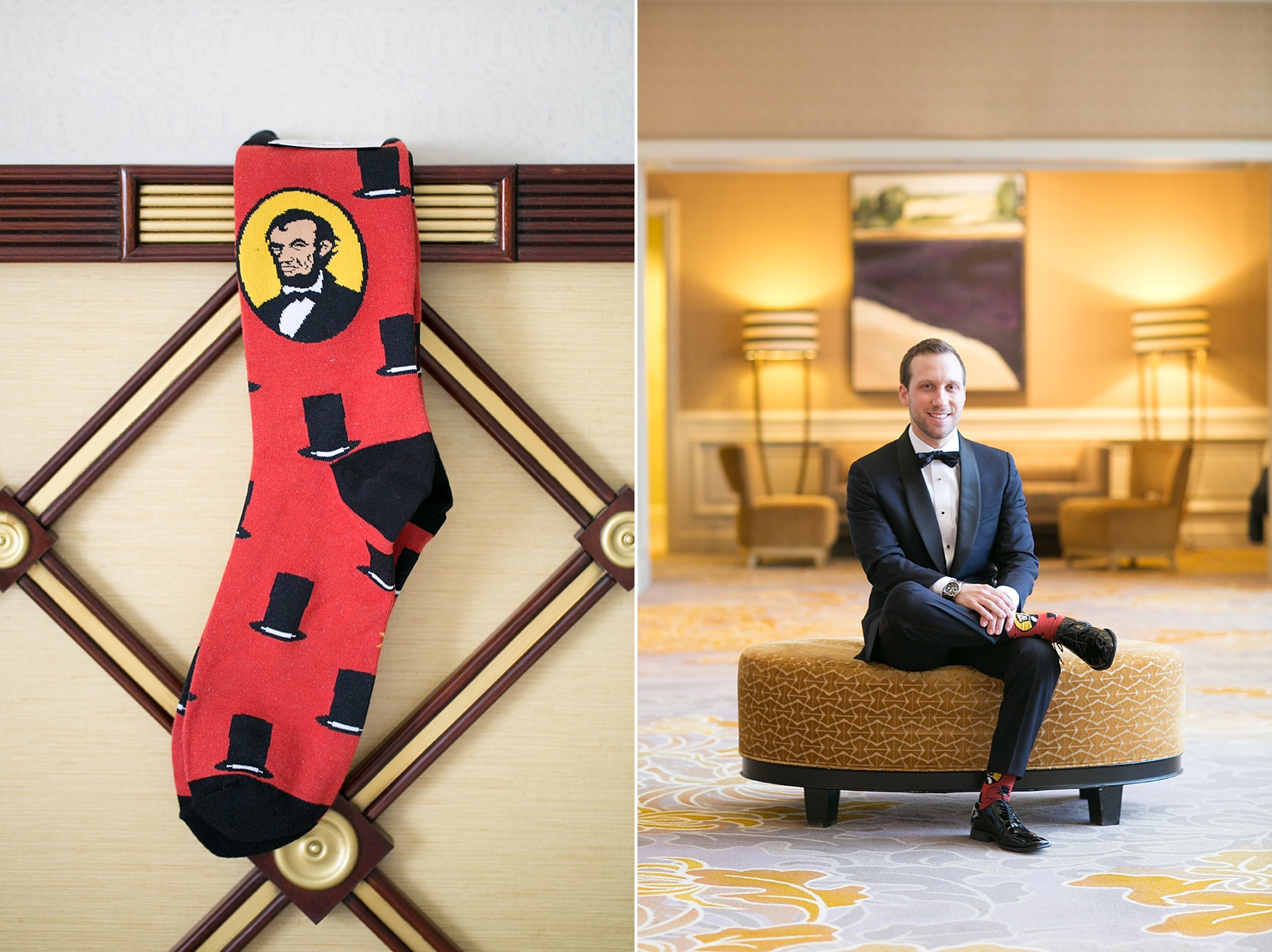 Washington, DC wedding photos by Mikkel Paige. The groom in a custom navy and black tuxedo for a Presidents Weekend wedding with Sock it To Me Abraham Lincoln, Honest Abe socks, at The Ritz Carlton, Pentagon City.